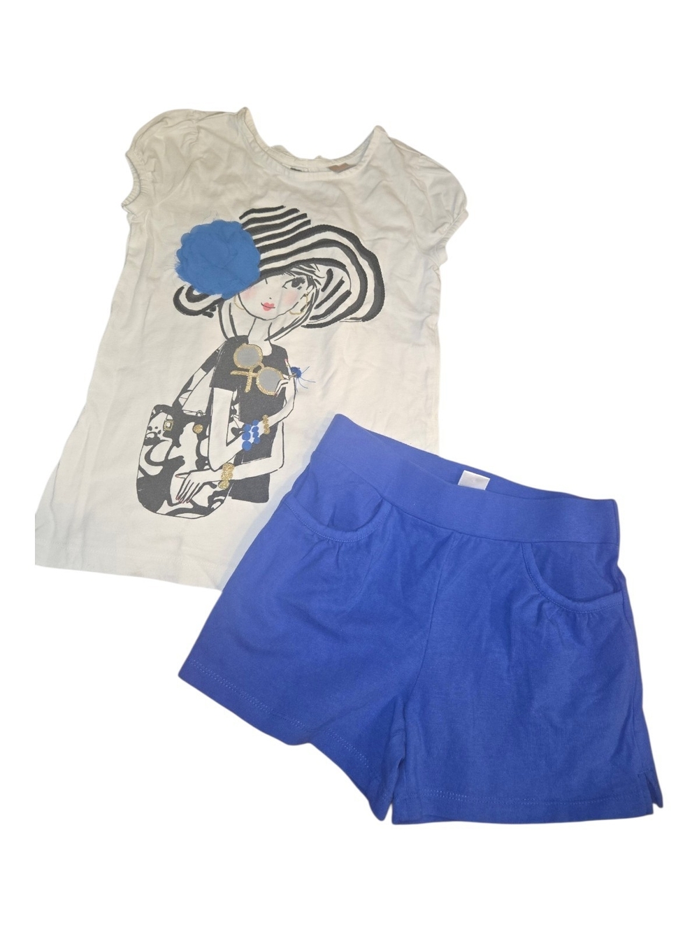 Gymboree White Tee with Blue Flower Accent & Royal Blue Shorts